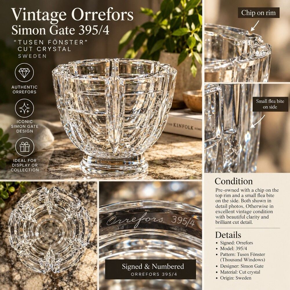 Vintage Orrefors Simon Gate 395/4 “Thousand Windows” Cut Crystal Bowl Sweden